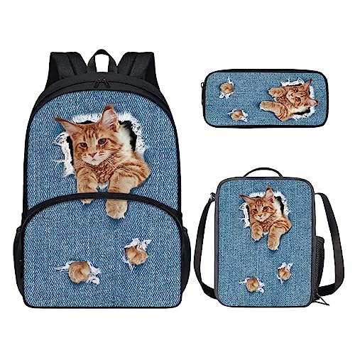 POLERO Rucksack für Mädchen und Jungen, niedliches Federmäppchen, Lunchbox, Schulbüchertaschen-Set, katze, Einheitsgröße, Kinderrucksack von POLERO