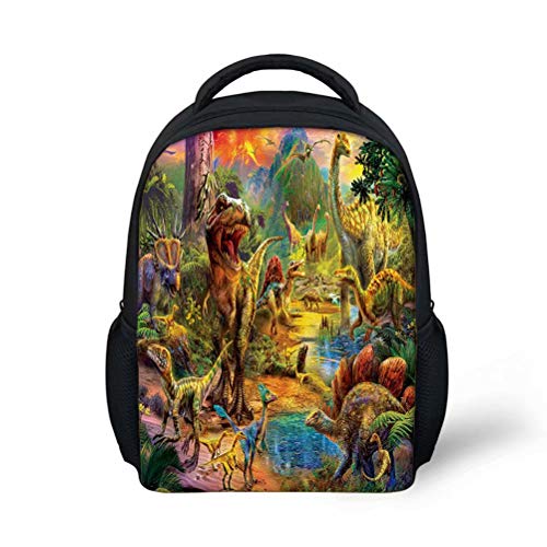 POLERO Schulranzen Dinosaurier Schulrucksack Kinder Jugendliche Rucksack mit T-Rex World Print Design Tyrannosaurus Rex Triceratops Spinosaurus Dilophosaurus Tanystropheus von POLERO