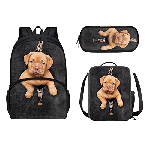 POLERO Schulrucksack, Büchertaschen für Jungen und Mädchen, Grundschultaschen-Set, 3-teilig, lässiger Tagesrucksack, Lunchtasche und Federmäppchen, Dogue de Bordeaux, Einheitsgröße, Kinderrucksack von POLERO