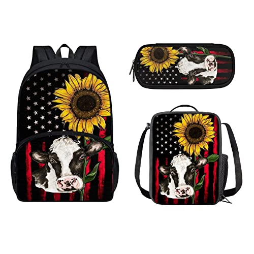 POLERO Schulrucksack, Büchertaschen für Jungen und Mädchen, Grundschultaschen-Set, 3-teilig, lässiger Tagesrucksack, Lunchtasche und Federmäppchen, USA-Flagge Sonnenblume Kuh, Einheitsgröße, Kinderrucksack von POLERO