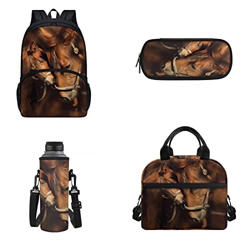 POLERO Schultaschen für Kinder, niedlicher Rucksack mit Lunch-Tasche, Wasserflasche, Federmäppchen, Braune Pferde, Einheitsgröße, Schulranzen-Set von POLERO