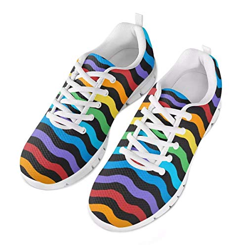 POLERO Schwarz Schillernde Wellenstreifen Regenbogenschuhe Atmungsaktive Damen Herren Slipper Bequeme Sneaker Sportschuhe Leichte Laufschuhe Laufgymnastikschuhe Schnürschuhe Freizeitschuhe 39 EU von POLERO