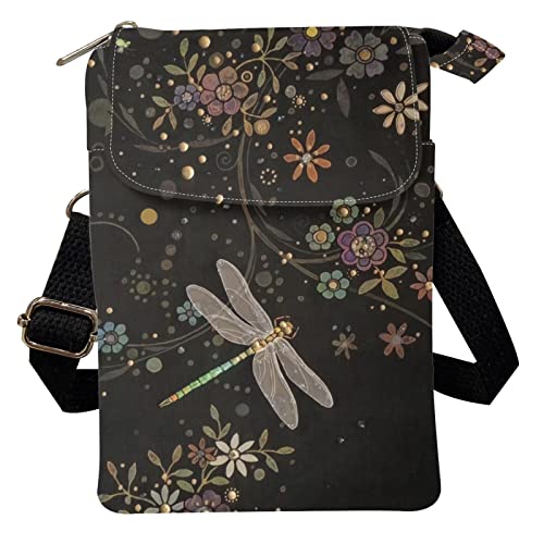 POLERO Sunflower Canvas Messenger Bag für Frauen Mädchen Kleine Crossbody Handytasche Verstellbare Umhängetasche, Libellen-Blumen, Einheitsgröße von POLERO