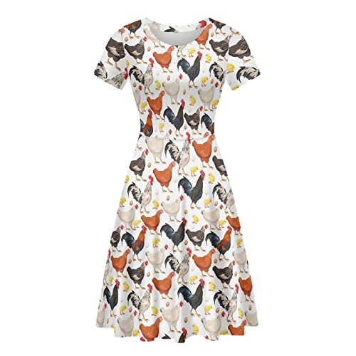 POLERO Sonnenblumen-Kleid für Frauen Blumen-Sommerkleider Kurzarm Freizeit-Sommerkleider Midikleider, Huhn, XX-Large von POLERO