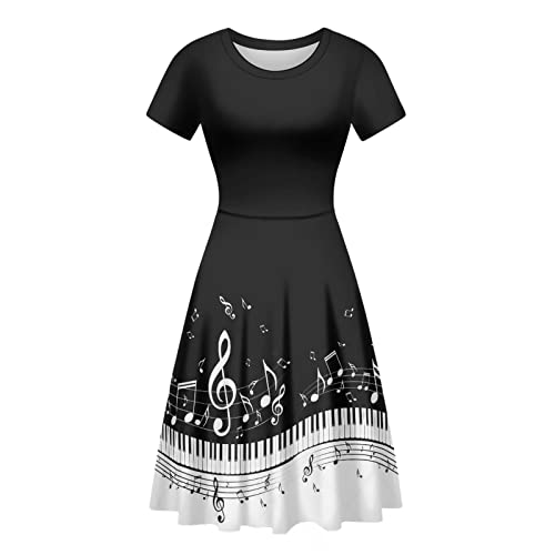 POLERO Sonnenblumen-Kleid für Frauen Blumen-Sommerkleider Kurzarm Freizeit-Sommerkleider Midikleider, Musiknoten Klavier, XXX-Large von POLERO