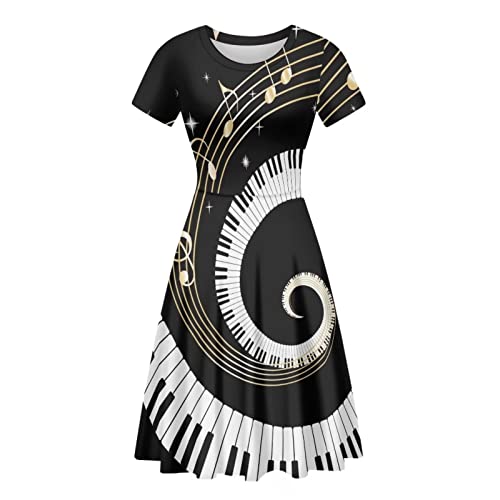 POLERO Sonnenblumen-Kleid für Frauen Blumen-Sommerkleider Kurzarm Freizeit-Sommerkleider Midikleider, Piano Swirl Musiknoten, Medium von POLERO