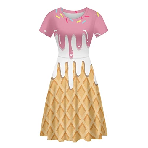 POLERO Sonnenblumen-Kleid für Frauen Blumen-Sommerkleider Kurzarm Freizeit-Sommerkleider Midikleider, ice cream, XXX-Large von POLERO