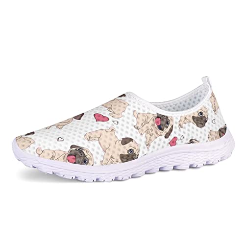 POLERO Süße Mops-Schuhe für Damen, lässige Mesh-Schuhe mit Cartoon-Hündchen, atmungsaktive Slip-On-Wanderschuhe, EU40 von POLERO