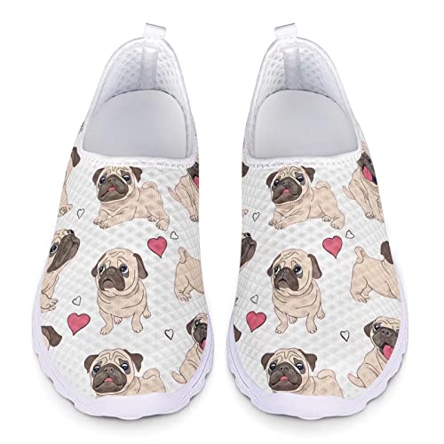 POLERO Süße Mops-Schuhe für Damen, lässige Mesh-Schuhe mit Cartoon-Hündchen, atmungsaktive Slip-On-Wanderschuhe, EU42 von POLERO