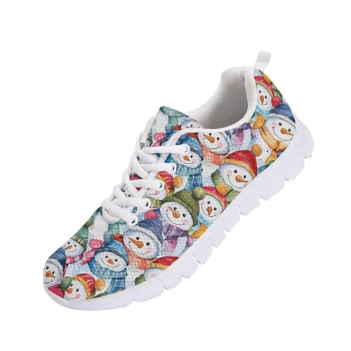 POLERO Womens Christmas Shoes Snowman Print Cute Holiday Shoes Lace-Up Running Sneaker Flat Walking Shoes Party Footwear for Xmas 38EU von POLERO