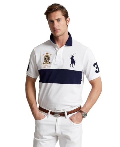 POLO RALPH LAUREN Herren-Poloshirt mit klassischer Passform, Big Pony-Logo, Mesh, Wappen, weiß-marineblau, XL von POLO RALPH LAUREN