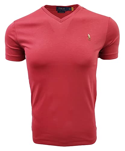 Polo Ralph Lauren Herren-T-Shirt, V-Ausschnitt, klassische Passform, Rot mit mehrfarbigem Pony, Klein von Polo Ralph Lauren
