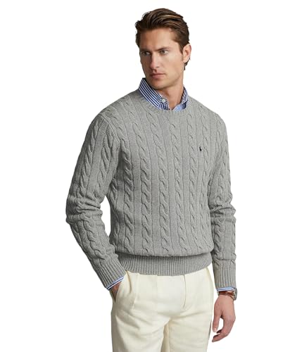 POLO RALPH LAUREN Herren Zopfstrickpullover aus Baumwolle, Rehkitz Grau meliert, XL von POLO RALPH LAUREN