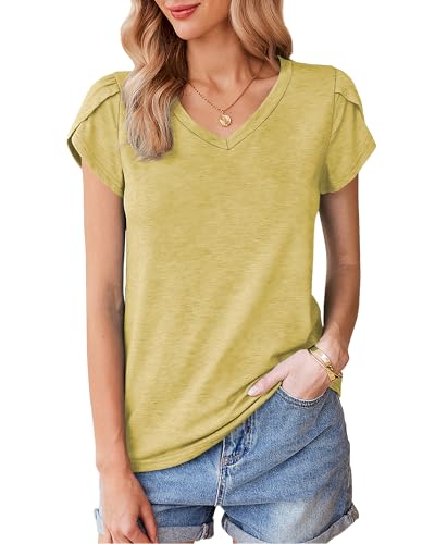 POMTIMCO Blütenblattärmeln Top Damen V-Ausschnitt Blusenshirt Basic Oberteil Tunic (XL,Gelb) von POMTIMCO