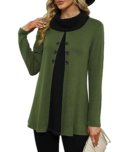 POMTIMCO Damen Basic Langarmshirt A-Linie Lang Elegante Bluse Tunika Strickpullover Casual Oberteile (L,Grün) von POMTIMCO