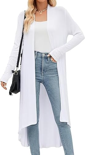 POMTIMCO Strickjacke Damen Maxi Lang Leicht Cardigan V Ausschnitt Langarm Strickmantel Dünne Strickpullover Outwear Open Front Strickjacke (Weiße,XL) von POMTIMCO