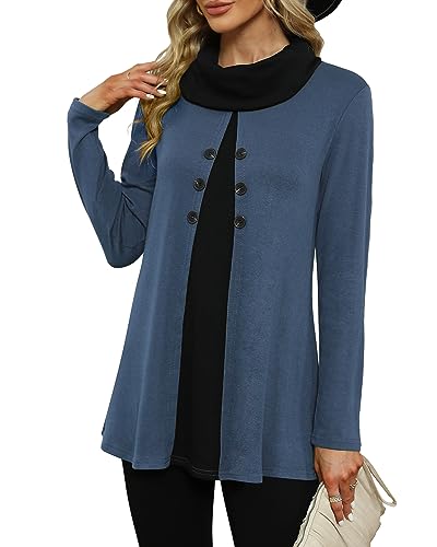 POMTIMCO Damen Elegante Oberteile Pullover mit Knöpfe Lang Tunika Pulli Einfarbige A-Linie Langarmshirt (L,Blau) von POMTIMCO