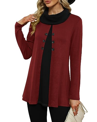 POMTIMCO Damen Longbluse Oberteil mit Schalkragen Patchwork Pullover Festlich Tunika Langarmshirt (M,Weinrot) von POMTIMCO