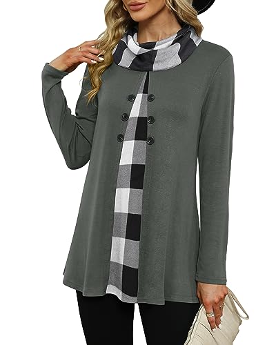 POMTIMCO Damen Pullover Sweatshirt Einfarbige Schalkragen Tunika Langarmshirt Lang Hemdbluse (L,Schwarz Weiß Kariert) von POMTIMCO