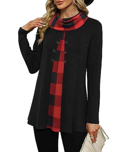 POMTIMCO Damen Schalkragen Tunika Dünne Langarm Pullover Elegant Oberteile Tunika für Leggins (L,Schwarz Rot Kariert) von POMTIMCO