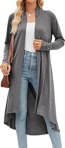 POMTIMCO Damen Sommer Langarm Strickjacke V Ausschnitt Strickmantel Einfarbige Wasserfall Maxi Lang Cardigans (Grau,XL) von POMTIMCO