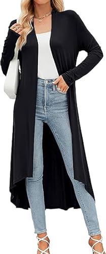POMTIMCO Damen Strickjacke Cardigan Maxi Lang Langarm Cardigan Dünne Strickpullover Outwear Einfarbige Wasserfall Cardigans (Schwarz,M) von POMTIMCO