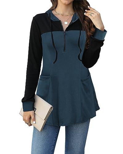 POMTIMCO Damen Tunika Elegant Lang Kapuzenpullover Langarm Henley Oberteil Shirt mit Kordelzug (Blau,M) von POMTIMCO