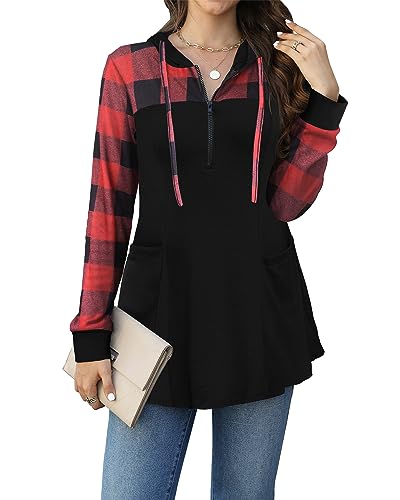 POMTIMCO Kapuzenshirt Oversize Damen Lang V Ausschnitt Longsleeve Pulli Oberteile (Schwarz-rot kariert,XXL) von POMTIMCO