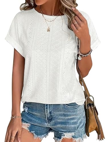 POMTIMCO Oberteil Damen Sommer Rundhalsausschnitt T Shirts Kurzarm Lässige Bluse Atmungsaktiv Eyelet Locker Sommertop Weiß L von POMTIMCO