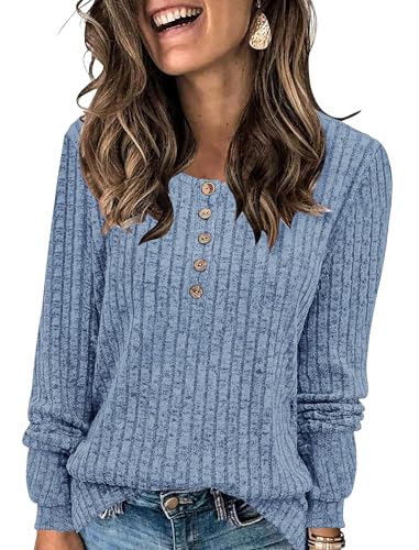 POMTIMCO Sweatshirt Damen Winter Elegant Strickpullover Langarm Rundhals Lässig Sweater Pullover (XL,Blau) von POMTIMCO