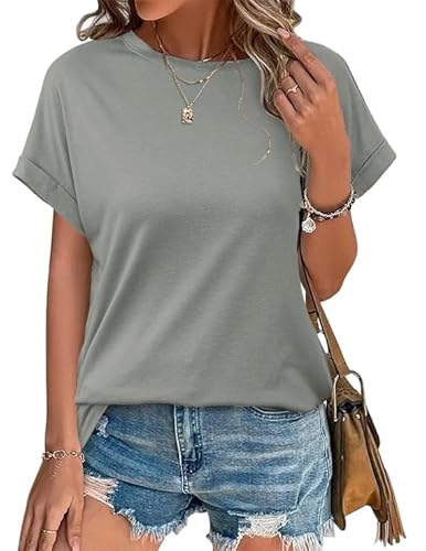 POMTIMCO Tshirt Damen Elegant Sommer Rundhals T Shirt Kurzarm Freizeit Locker Oberteil Leicht Und Luftig Sommerbluse Grau XXL von POMTIMCO