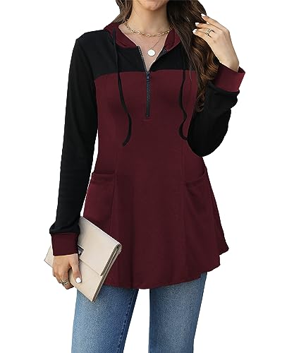 POMTIMCO Tunika für Damen Langarm Kapuzenpullover Long-Sleeved V Neck Zip-Sweatshirt (Weinrot,L) von POMTIMCO