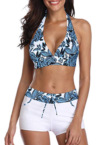 Bikini Set Damen Two Piece Swimsuit Zweiteiliger Badeanzug Bikini mit Hotpants mit Boyshort Träger Oberteil und Bikinihose von PONCEAU