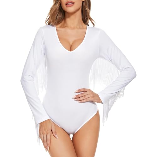 Damen Fransenbesatz V-Ausschnitt Langarm Bodysuit Top Outfits Disco Outfit Damenbody Langarmbody Sexy Elegant Bodysuit Tops Bodies Oberteil Bodycon Leotard Fitted Stretchy Top Overalls für Frauen von PONCEAU