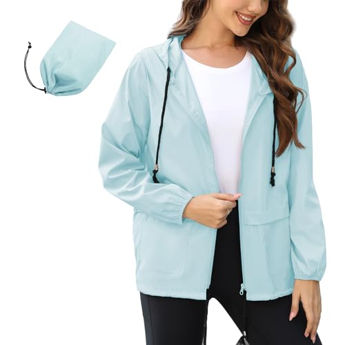 Damen Regenjacke Wasserdicht Outdoorjacke Leicht Faltbar Regenjacke Softshelljacke Ultraleichte Regenjacke Fahrradjacke Outdoorjacke mit Kapuze Windbreaker Wasserdichte Wandern Radfahren Laufen von PONCEAU