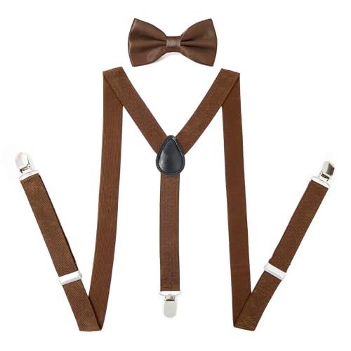 PONCEAU 2 Set Hosenträger und Fliege für Herren und Damen，2.5 cm breiter Hosenträger Herren in Y-Form Elastisch und Verstellbar mit Farblich Passender Fliege 12 x 7 cm von PONCEAU