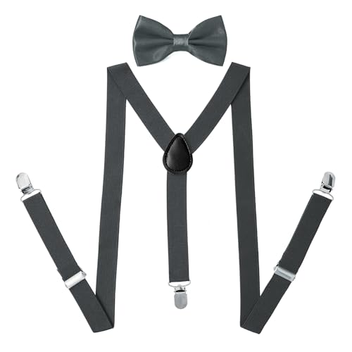 PONCEAU 2 Set Hosenträger und Fliege für Herren und Damen，2.5 cm breiter Hosenträger Herren in Y-Form Elastisch und Verstellbar mit Farblich Passender Fliege 12 x 7 cm von PONCEAU