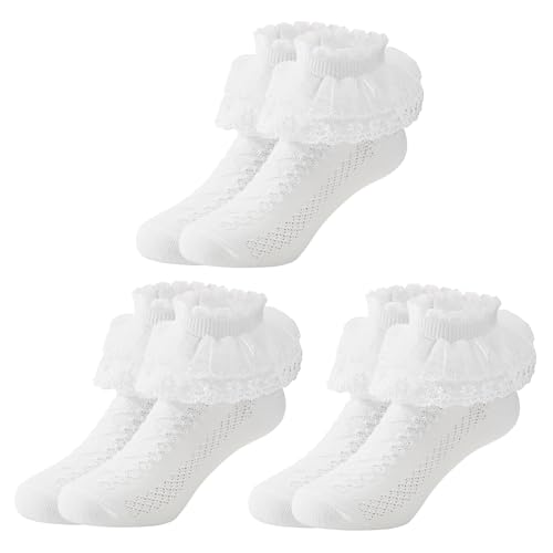 PONCEAU 3 Paar Rüschen Socken Socken Kinder Mädchen kindersocken socken mädchen Spitzen Söckchen Rüschen Prinzessin Socken Baumwoll Socken für 2-12 Jahre Mädchen Größe 13-17cm von PONCEAU