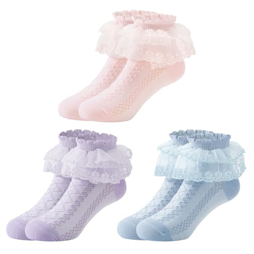 PONCEAU 3 Paar Rüschen Socken Socken Kinder Mädchen kindersocken socken mädchen Spitzen Söckchen Rüschen Prinzessin Socken Baumwoll Socken für 2-12 Jahre Mädchen Größe 13-17cm von PONCEAU