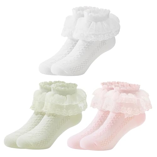 PONCEAU 3 Paar Rüschen Socken Socken Kinder Mädchen kindersocken socken mädchen Spitzen Söckchen Rüschen Prinzessin Socken Baumwoll Socken für 2-12 Jahre Mädchen Größe 13-17cm von PONCEAU