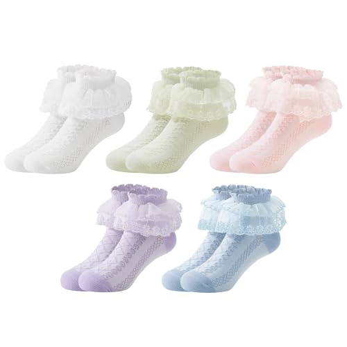 PONCEAU 5 Paar Rüschen Socken Socken Kinder Mädchen kindersocken socken mädchen Spitzen Söckchen Rüschen Prinzessin Socken Baumwoll Socken für 2-12 Jahre Mädchen Größe 13-17cm von PONCEAU