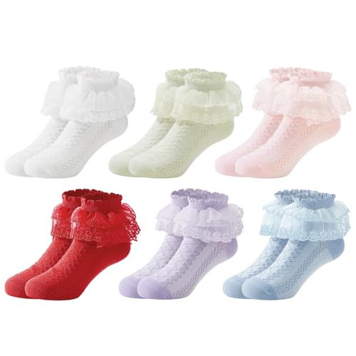 PONCEAU 6 Paar Rüschen Socken Socken Kinder Mädchen kindersocken socken mädchen Spitzen Söckchen Rüschen Prinzessin Socken Baumwoll Socken für 2-12 Jahre Mädchen Größe 13-17cm von PONCEAU