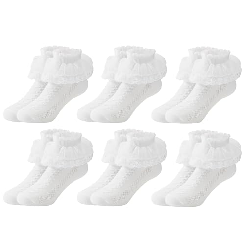 PONCEAU 6 Paar Rüschen Socken Socken Kinder Mädchen kindersocken socken mädchen Spitzen Söckchen Rüschen Prinzessin Socken Baumwoll Socken für 2-12 Jahre Mädchen Größe 13-17cm von PONCEAU