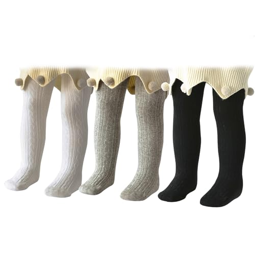 PONCEAU Baby Strumpfhosen für Mädchen Weiche Baumwolle Leggings Kleinkind Solide Strick Socken Warme Strümpfe Neugeborenen Hosen 3 Paar-Schwarz Weiß Hellgrau 0-6 Monate von PONCEAU