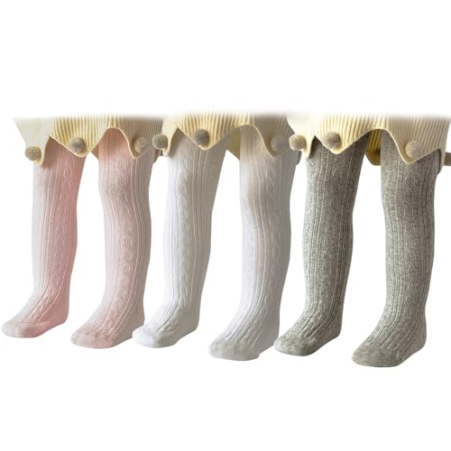 PONCEAU Baby Strumpfhosen für Mädchen Weiche Baumwolle Leggings Kleinkind Solide Strick Socken Warme Strümpfe Neugeborenen Hosen 3 Paar-Weiß Hellpink Hellgrau 0-6 Monate von PONCEAU