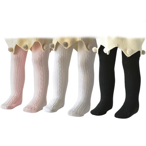 PONCEAU Baby Strumpfhosen für Mädchen Weiche Baumwolle Leggings Kleinkind Solide Strick Socken Warme Strümpfe Neugeborenen Hosen 3 Paar-Weiß Schwarz Hellpink 0-6 Monate von PONCEAU