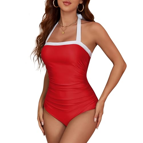 PONCEAU Damen Badeanzug Bauchweg Neckholder Sexy Bademode Monokini Einteiliger Swimsuit mit Cups Push Up Badeanzüge Strandmode von PONCEAU