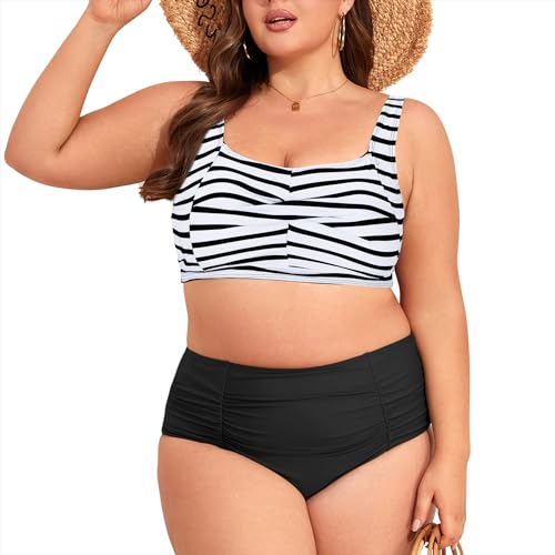 PONCEAU Bikini Damen Große Größe High Waist Badeanzug Push Up Bademode Zweiteiler Bikini Set mit Brustkissen von PONCEAU