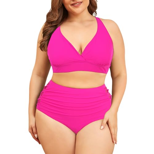 PONCEAU Bikini Damen Set Große Größe V Ausschnitt High Waist Bauchweg Knoten Zweiteiliger Bikini Plus Size Curvy Bademode Swimsuit Push Up Badeanzug von PONCEAU