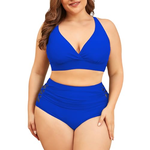 PONCEAU Bikini Damen Set Große Größe V Ausschnitt High Waist Bauchweg Knoten Zweiteiliger Bikini Plus Size Curvy Bademode Swimsuit Push Up Badeanzug von PONCEAU